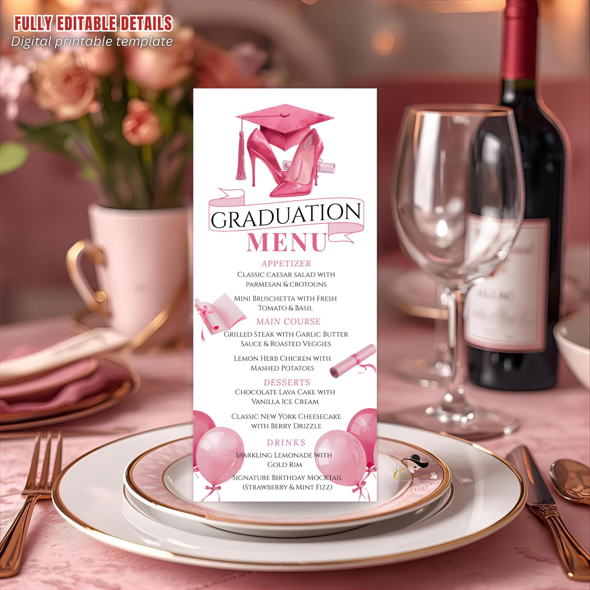 Pink Graduation Party Menu Card, Class of 2026 Dinner Menu, Senior Grad Elegant Menu , Nurse Graduation Brunch Menu Printable Template