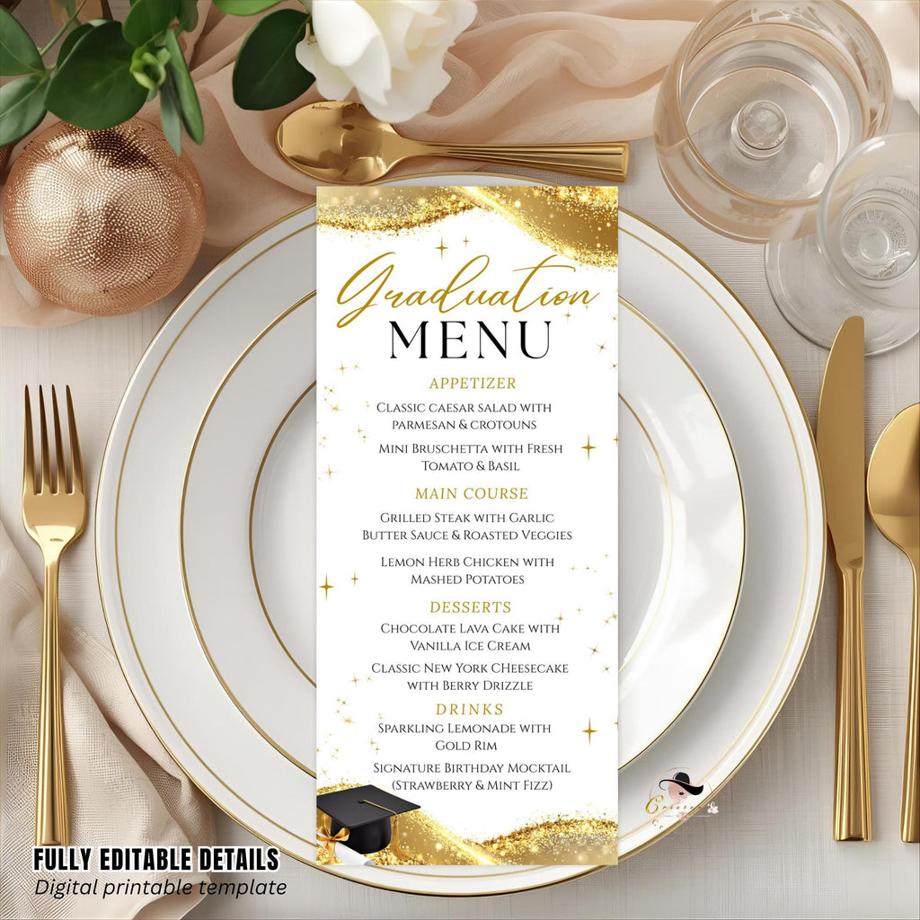 White Gold Graduation Party Menu, Senior Grad Dinner Menu, Commencement Menu, Class 2026 College Graduation Brunch Menu Printable Template