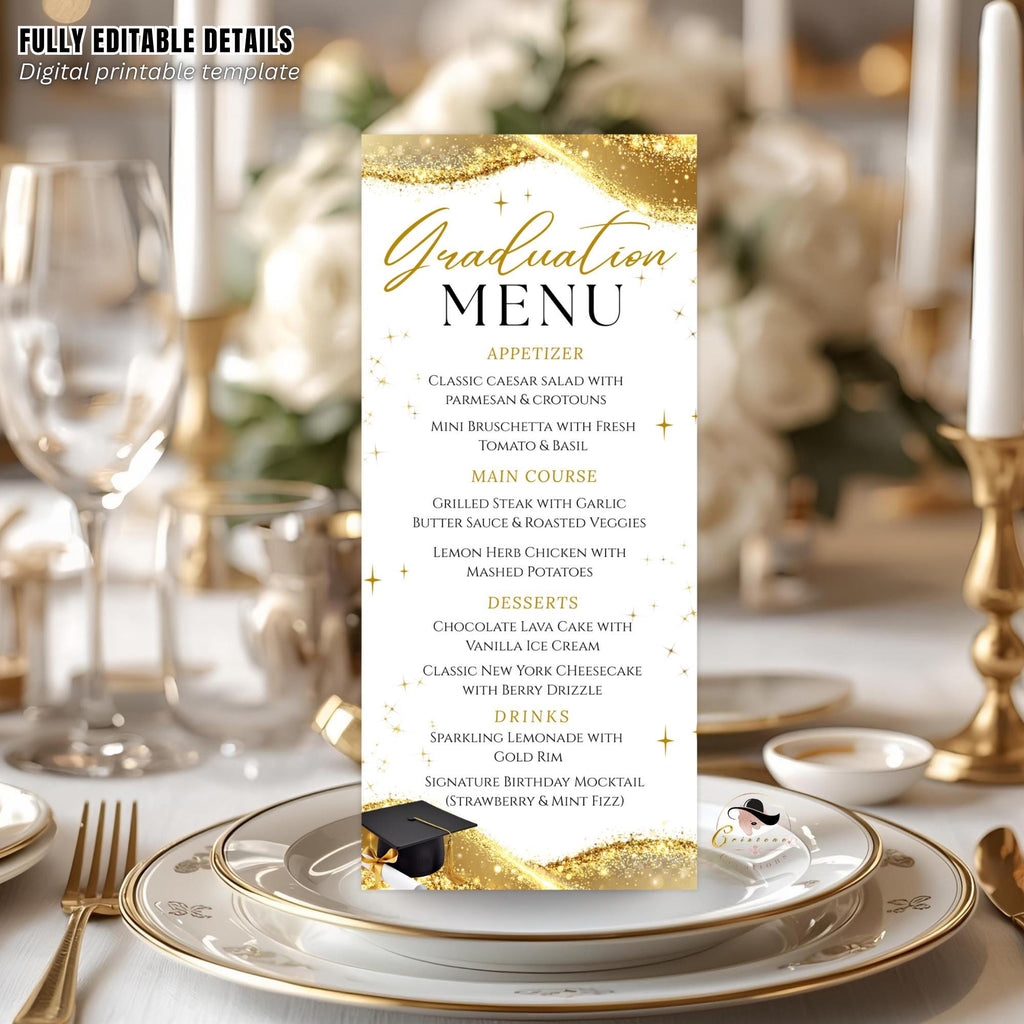 White Gold Graduation Party Menu, Senior Grad Dinner Menu, Commencement Menu, Class 2026 College Graduation Brunch Menu Printable Template