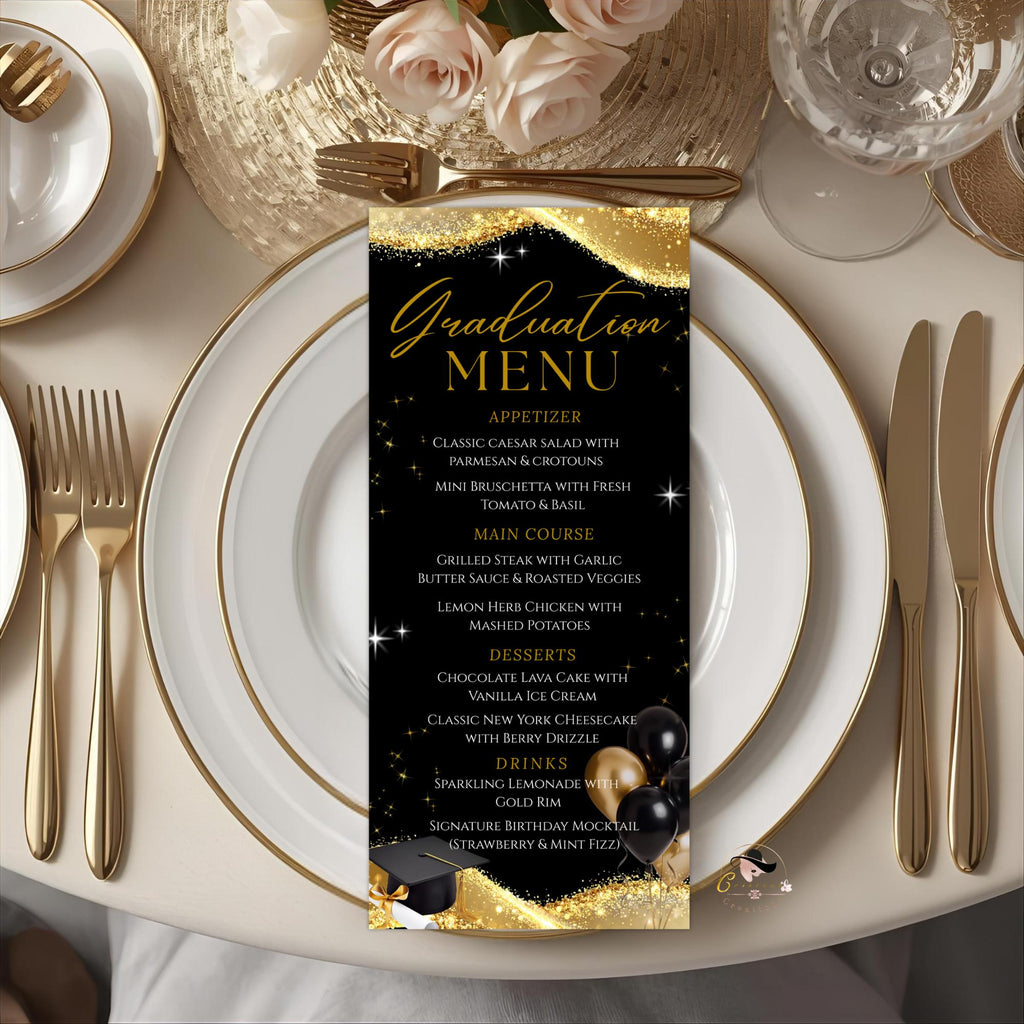 Black Gold Graduation Dinner Menu, Senior Grad Party Menu, Commencement Menu, Class of 2026 College Elegant Brunch Menu Printable Template