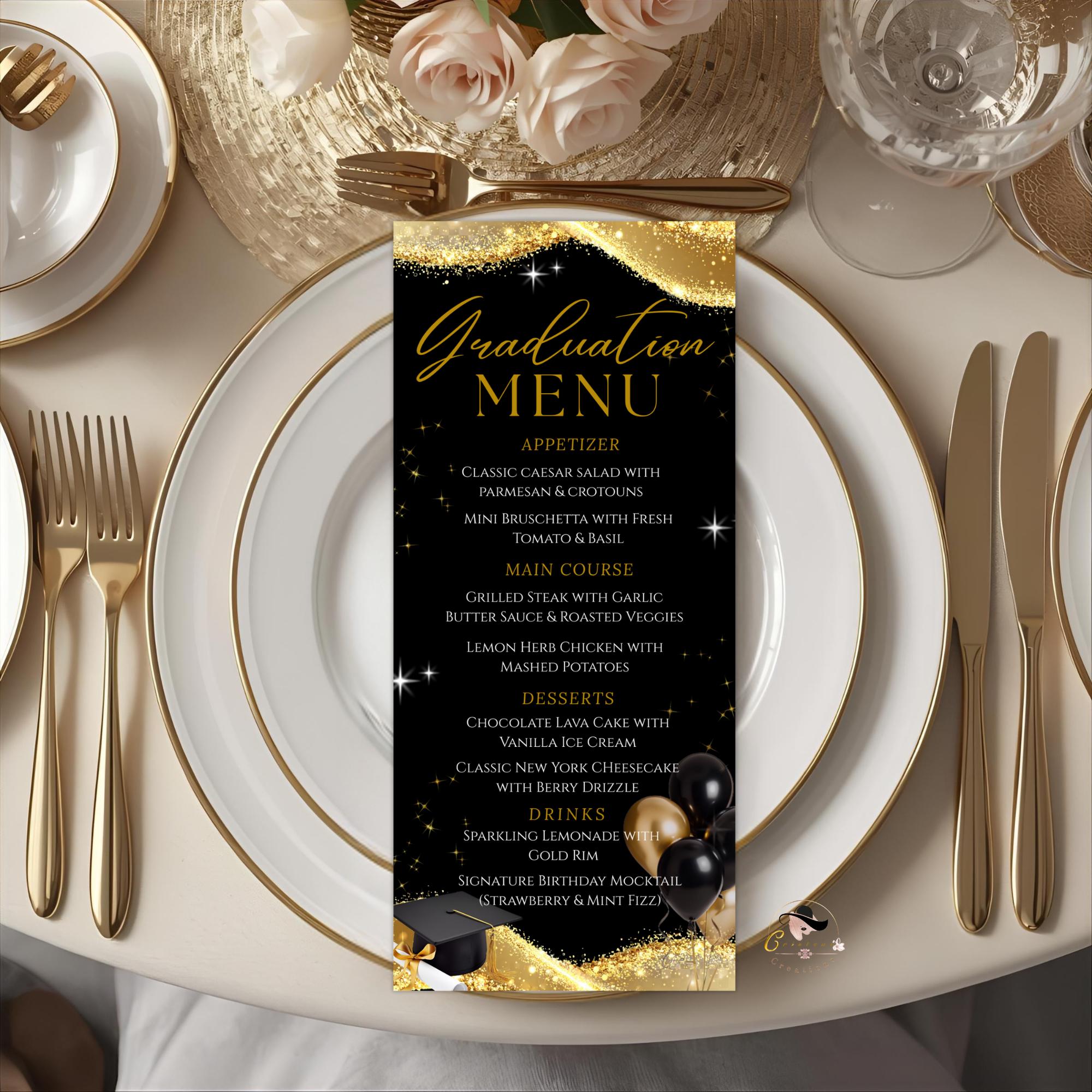Black Gold Graduation Dinner Menu, Senior Grad Party Menu, Commencement Menu, Class of 2026 College Elegant Brunch Menu Printable Template