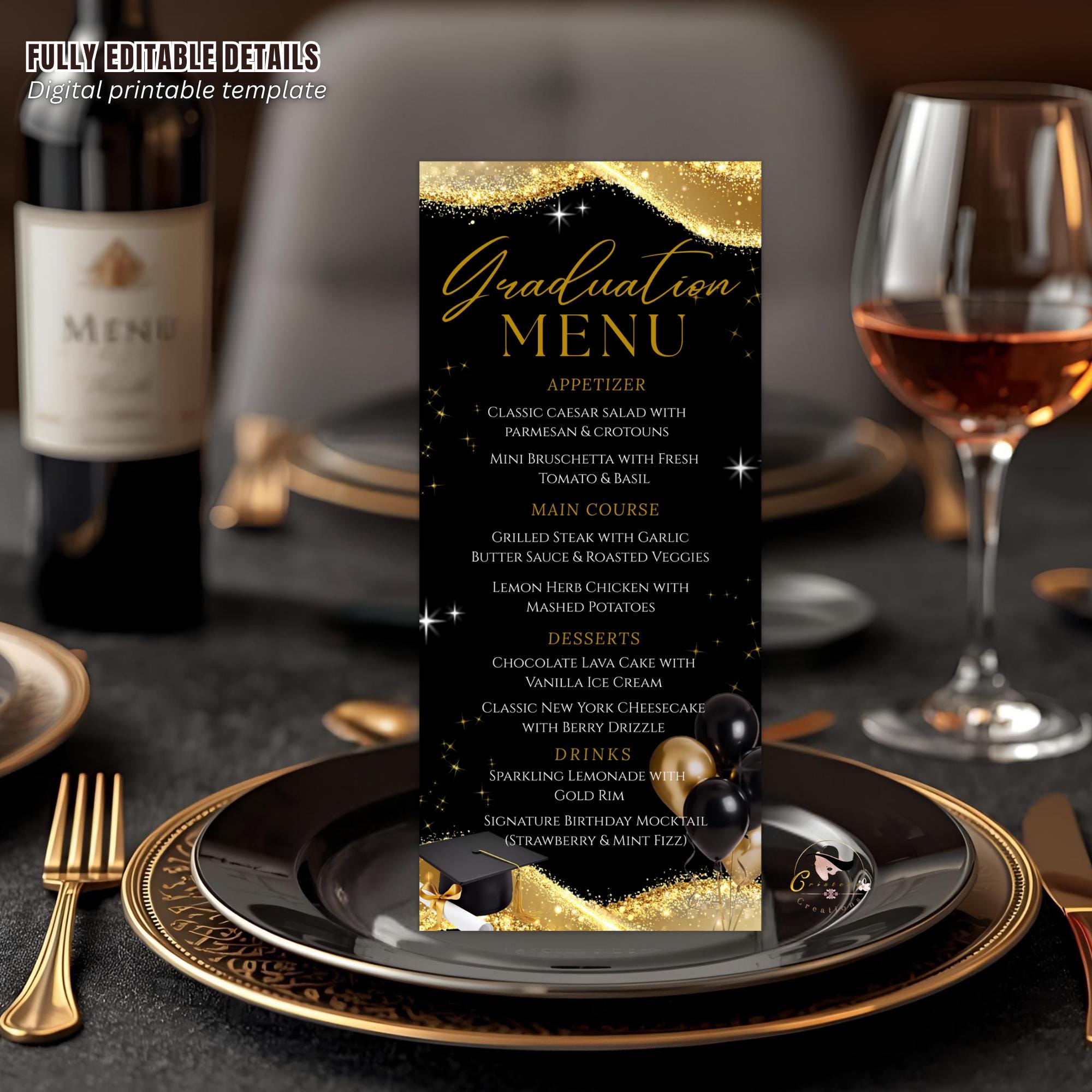 Black Gold Graduation Dinner Menu, Senior Grad Party Menu, Commencement Menu, Class of 2026 College Elegant Brunch Menu Printable Template