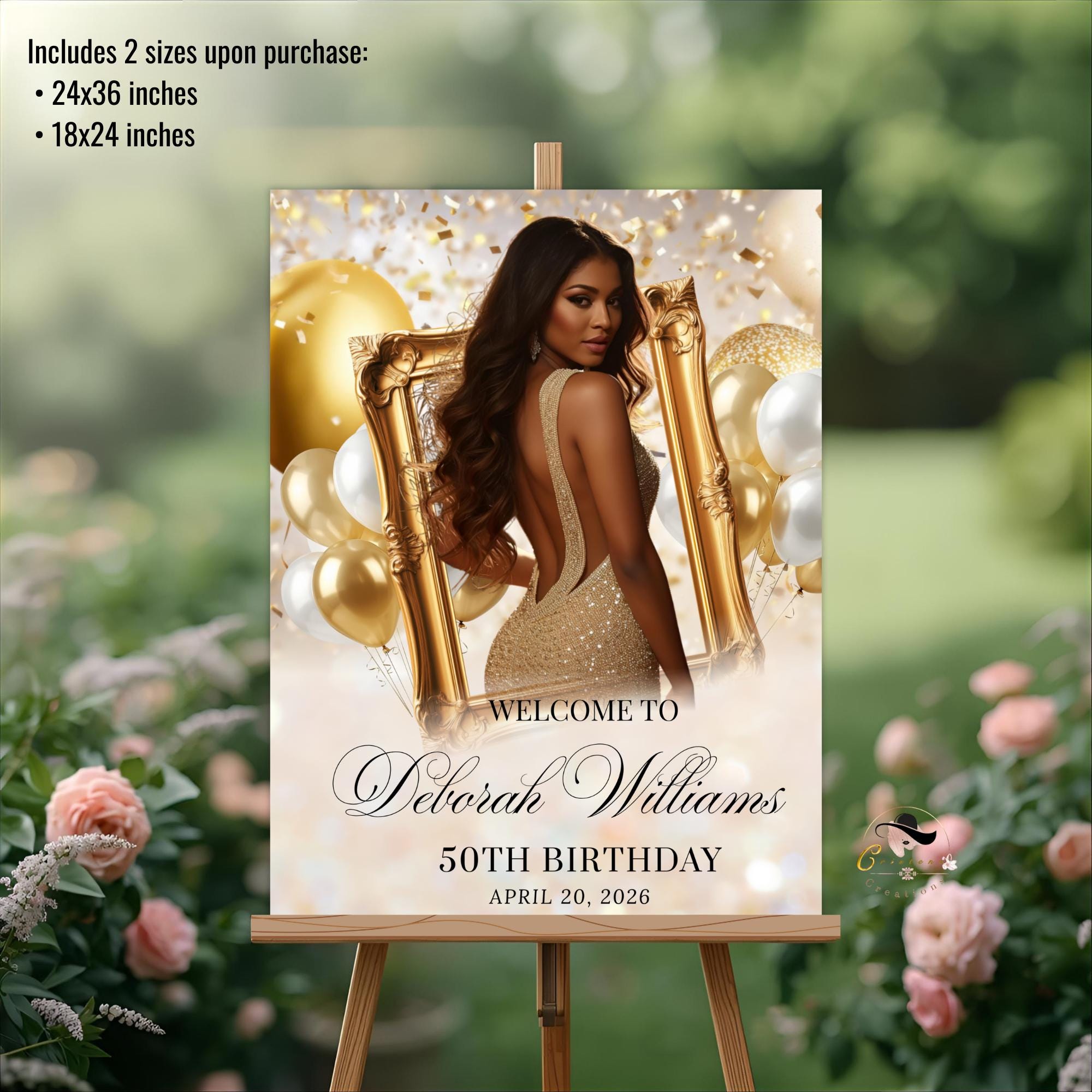 White Gold Birthday Welcome Party Sign, Retirement Sign with photo Elegant Woman Dinner Entry Sign, Brunch Bubbly Poster Sign Board Template