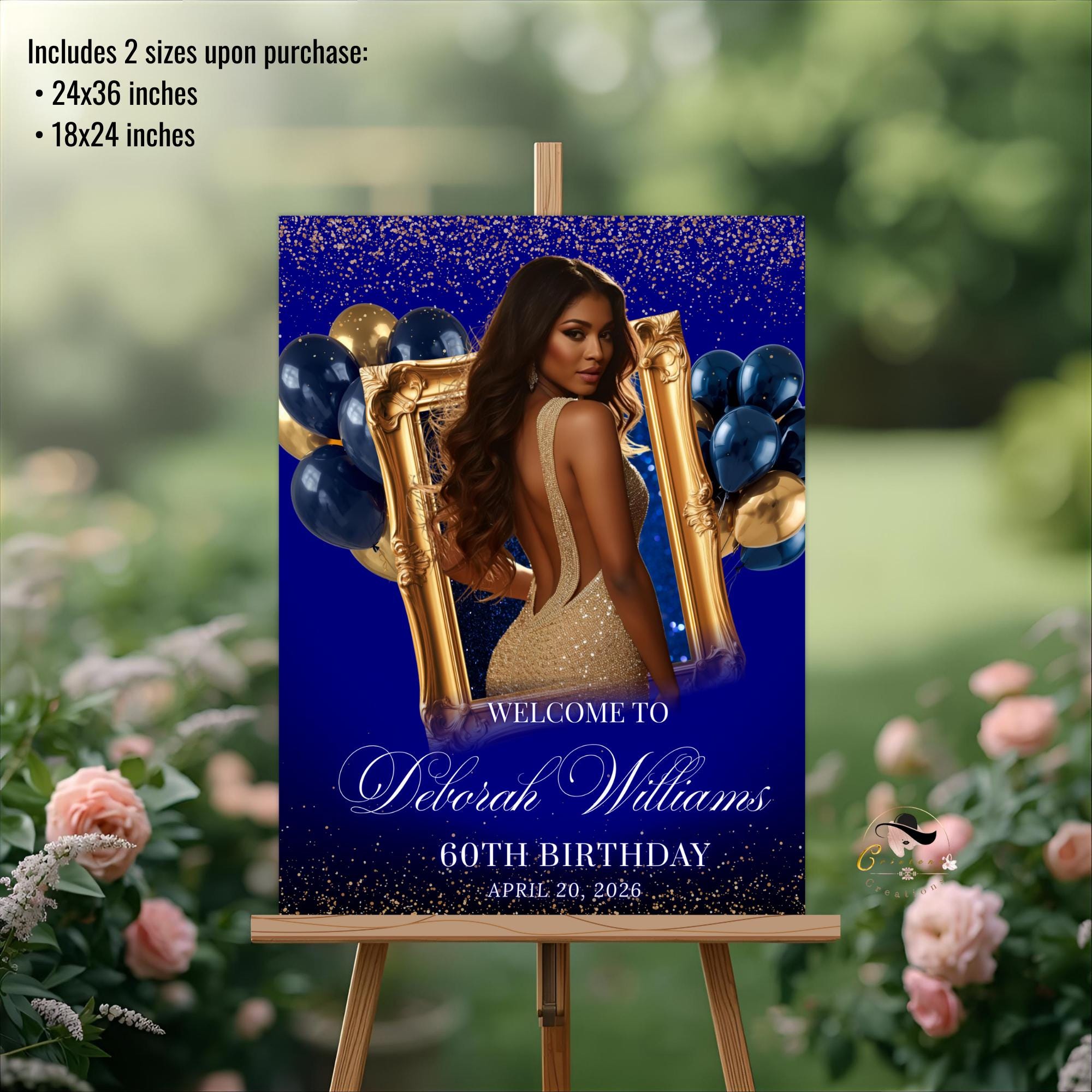 Blue Gold Retirement Party Welcome Sign, Birthday Sign with photo, Elegant Woman Dinner Entry Sign, Graduation Poster Sign Board Template