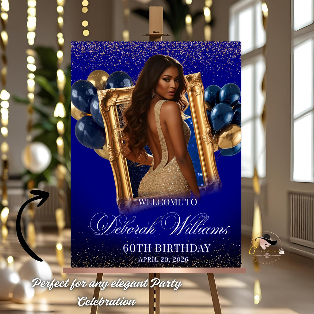 Blue Gold Retirement Party Welcome Sign, Birthday Sign with photo, Elegant Woman Dinner Entry Sign, Graduation Poster Sign Board Template