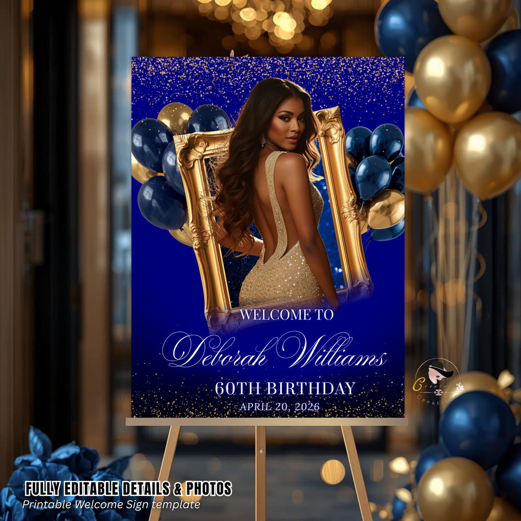 Blue Gold Retirement Party Welcome Sign, Birthday Sign with photo, Elegant Woman Dinner Entry Sign, Graduation Poster Sign Board Template