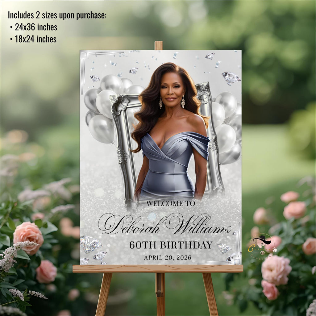 White Silver Birthday Dinner Welcome Sign, Retirement Party Sign with photo, Elegant Entry Sign, Diamond Theme Poster Sign Board Template