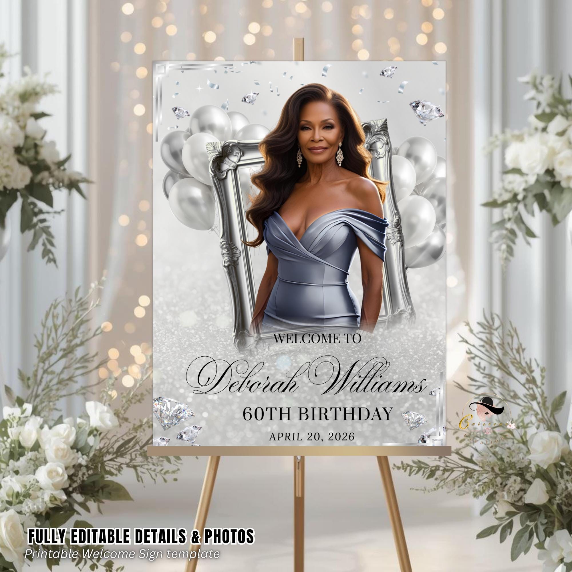 White Silver Birthday Dinner Welcome Sign, Retirement Party Sign with photo, Elegant Entry Sign, Diamond Theme Poster Sign Board Template