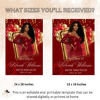 Red Gold Birthday Dinner Welcome Sign, Retirement Party Sign with photo, Elegant Woman Entry Sign, Roses Brunch Poster Sign Board Template