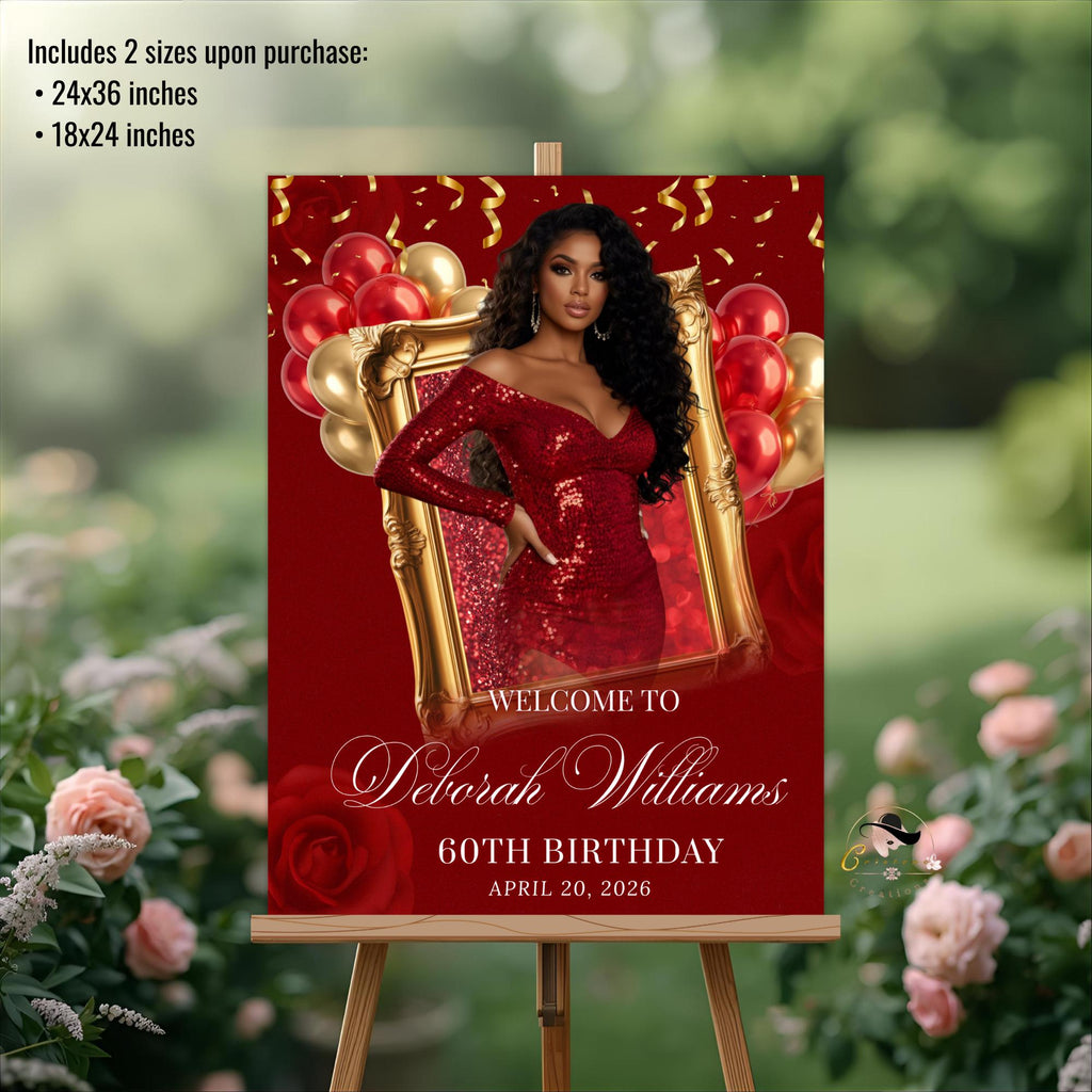 Red Gold Birthday Dinner Welcome Sign, Retirement Party Sign with photo, Elegant Woman Entry Sign, Roses Brunch Poster Sign Board Template