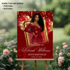 Red Gold Birthday Dinner Welcome Sign, Retirement Party Sign with photo, Elegant Woman Entry Sign, Roses Brunch Poster Sign Board Template