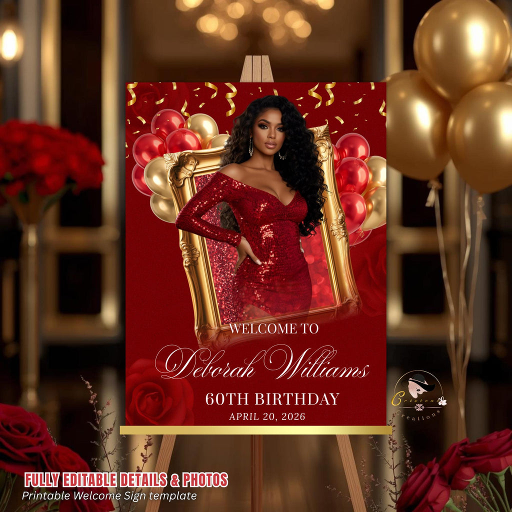 Red Gold Birthday Dinner Welcome Sign, Retirement Party Sign with photo, Elegant Woman Entry Sign, Roses Brunch Poster Sign Board Template