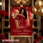 Red Gold Birthday Dinner Welcome Sign, Retirement Party Sign with photo, Elegant Woman Entry Sign, Roses Brunch Poster Sign Board Template