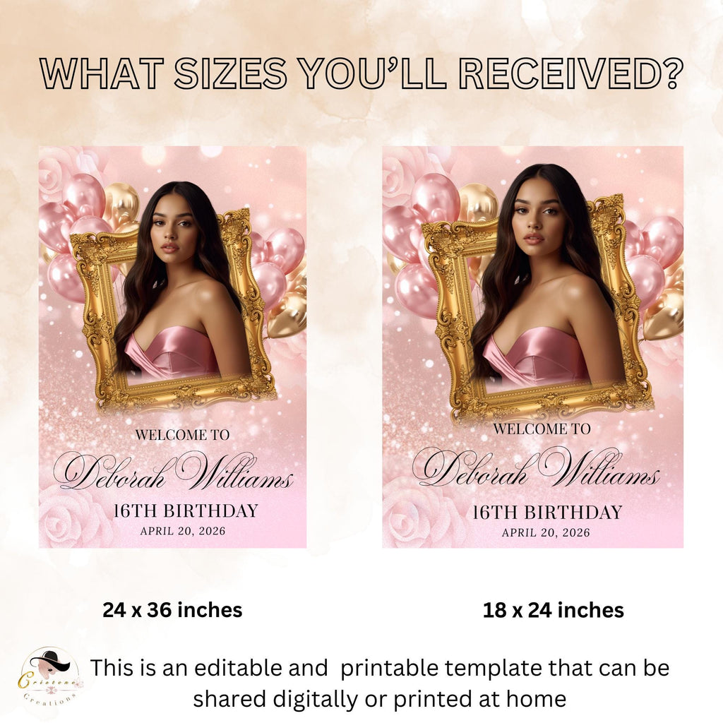 Pink Birthday Welcome Party Sign, Sweet 16 Sign with photo, Elegant Woman Dinner Entry Sign Quinceañera Poster Sign Board Printable Template