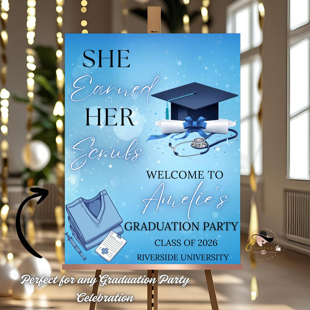 Nurse Graduation Welcome Party Sign, Blue RN Graduates Poster Sign, Nursing Pinning Ceremony Commencement Announcement Entry Sign Template
