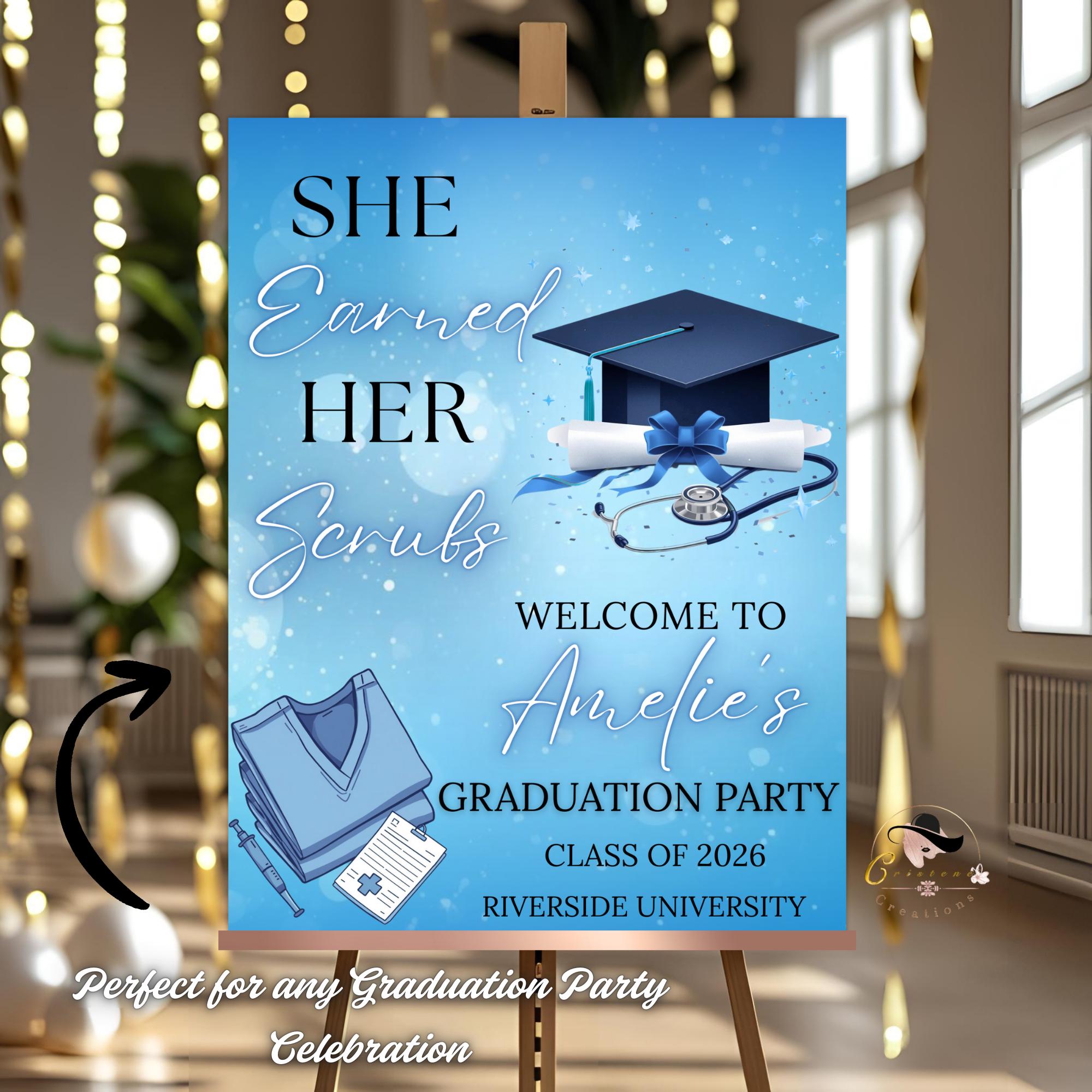 Nurse Graduation Welcome Party Sign, Blue RN Graduates Poster Sign, Nursing Pinning Ceremony Commencement Announcement Entry Sign Template