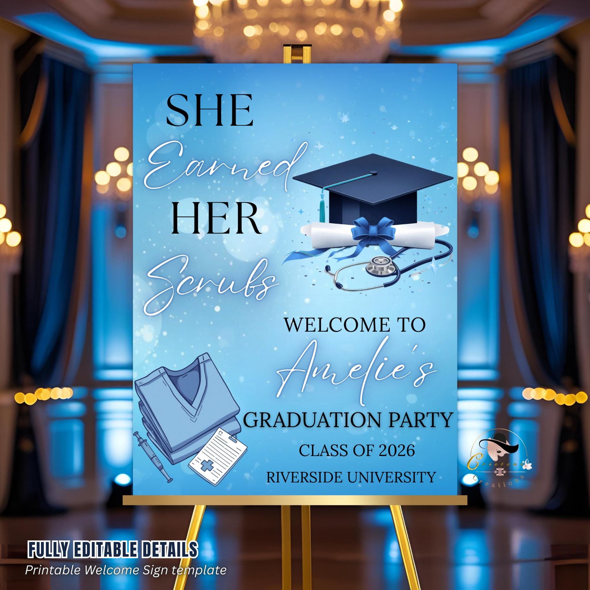 Nurse Graduation Welcome Party Sign, Blue RN Graduates Poster Sign, Nursing Pinning Ceremony Commencement Announcement Entry Sign Template