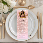 Pink Birthday Dinner Menu, Sweet 16 Party Menu with photo, Elegant Retirement Menu Card, Quinceañera Menu Template, Printable Food Menu