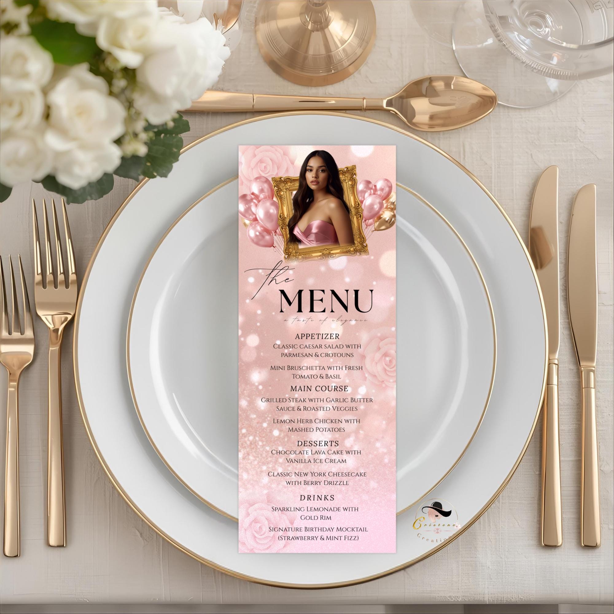 Pink Birthday Dinner Menu, Sweet 16 Party Menu with photo, Elegant Retirement Menu Card, Quinceañera Menu Template, Printable Food Menu