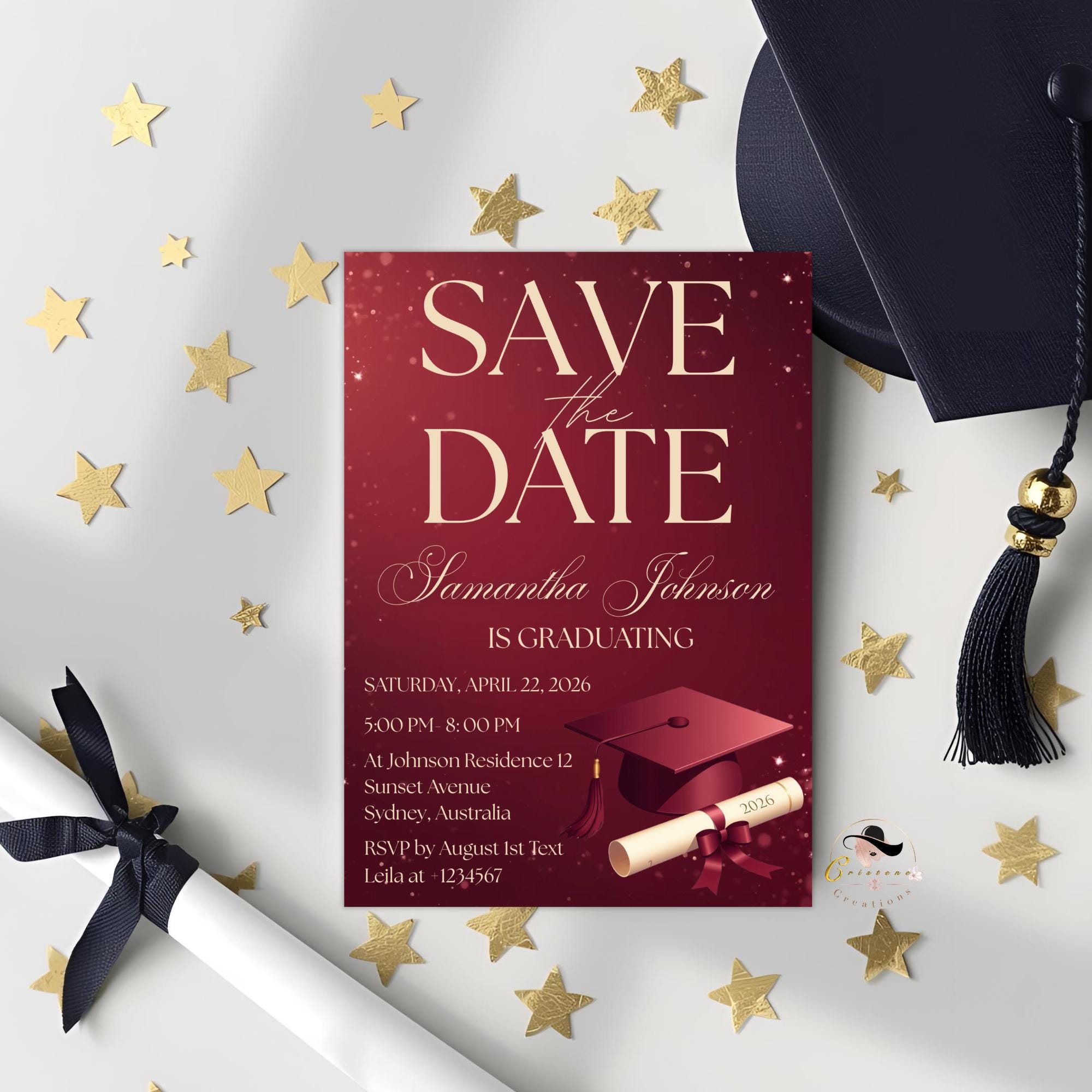 Save The Date Graduation Party Invitation, Maroon Class 2026 Senior Grad Party invite, Men and Woman College Graduate Announcement Template
