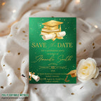 Save The Date Graduation Party Invitation, Green Gold Class 2026 Senior Grad Party invite, Men Woman College Graduate Announcement Template