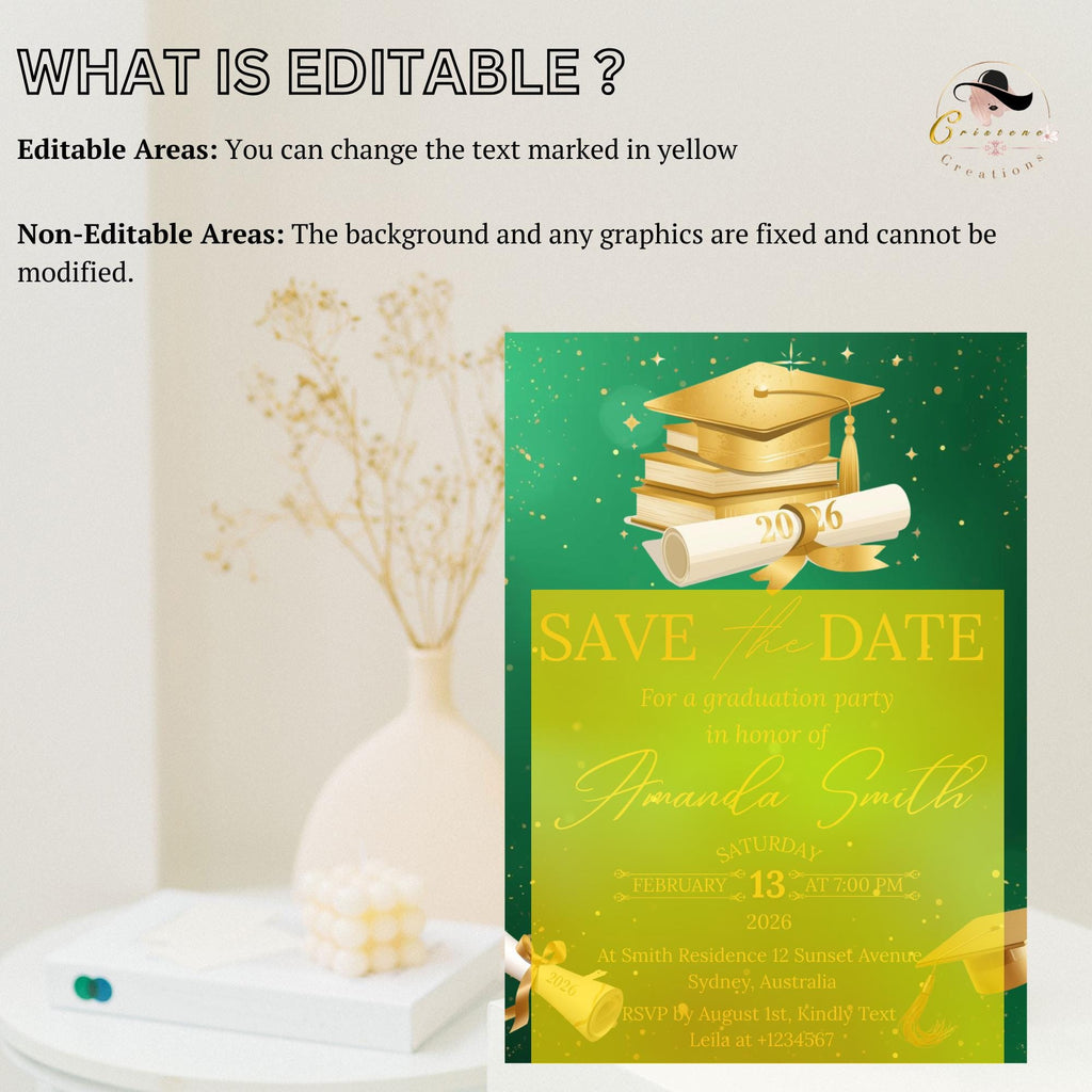 Save The Date Graduation Party Invitation, Green Gold Class 2026 Senior Grad Party invite, Men Woman College Graduate Announcement Template
