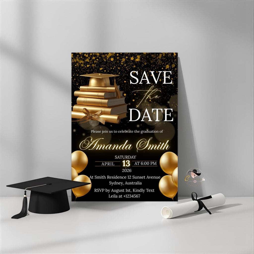 Save The Date Graduation Announcement Invitation, Black Gold Class 2026 Senior Grad Party invite, Men Woman College Graduate Party Template