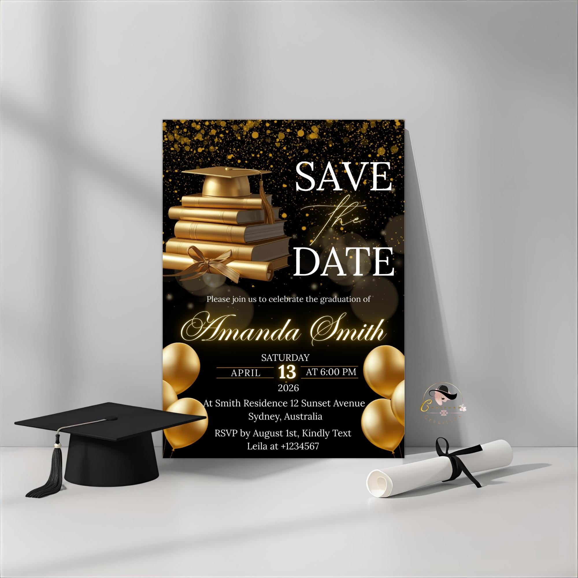 Save The Date Graduation Announcement Invitation, Black Gold Class 2026 Senior Grad Party invite, Men Woman College Graduate Party Template