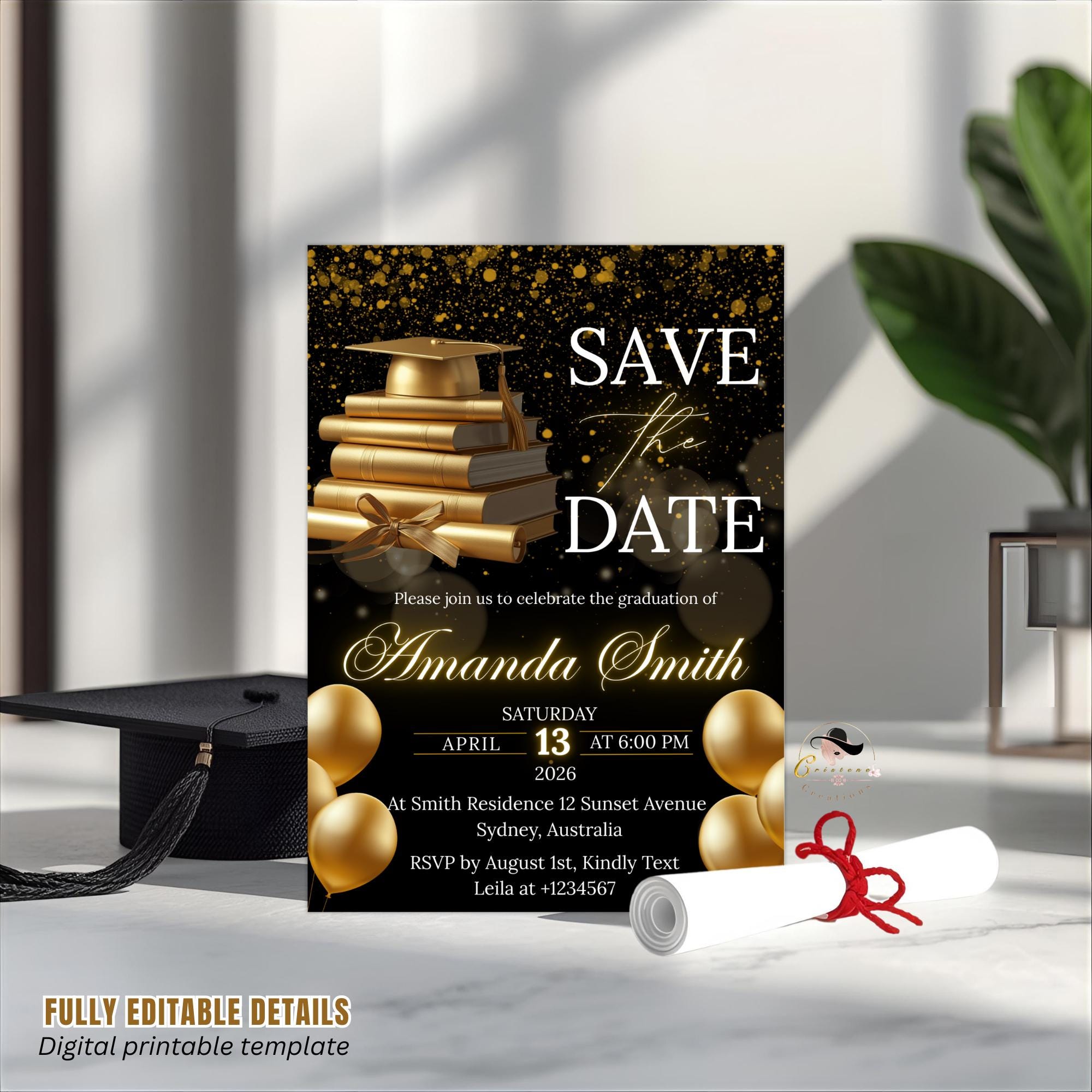 Save The Date Graduation Announcement Invitation, Black Gold Class 2026 Senior Grad Party invite, Men Woman College Graduate Party Template