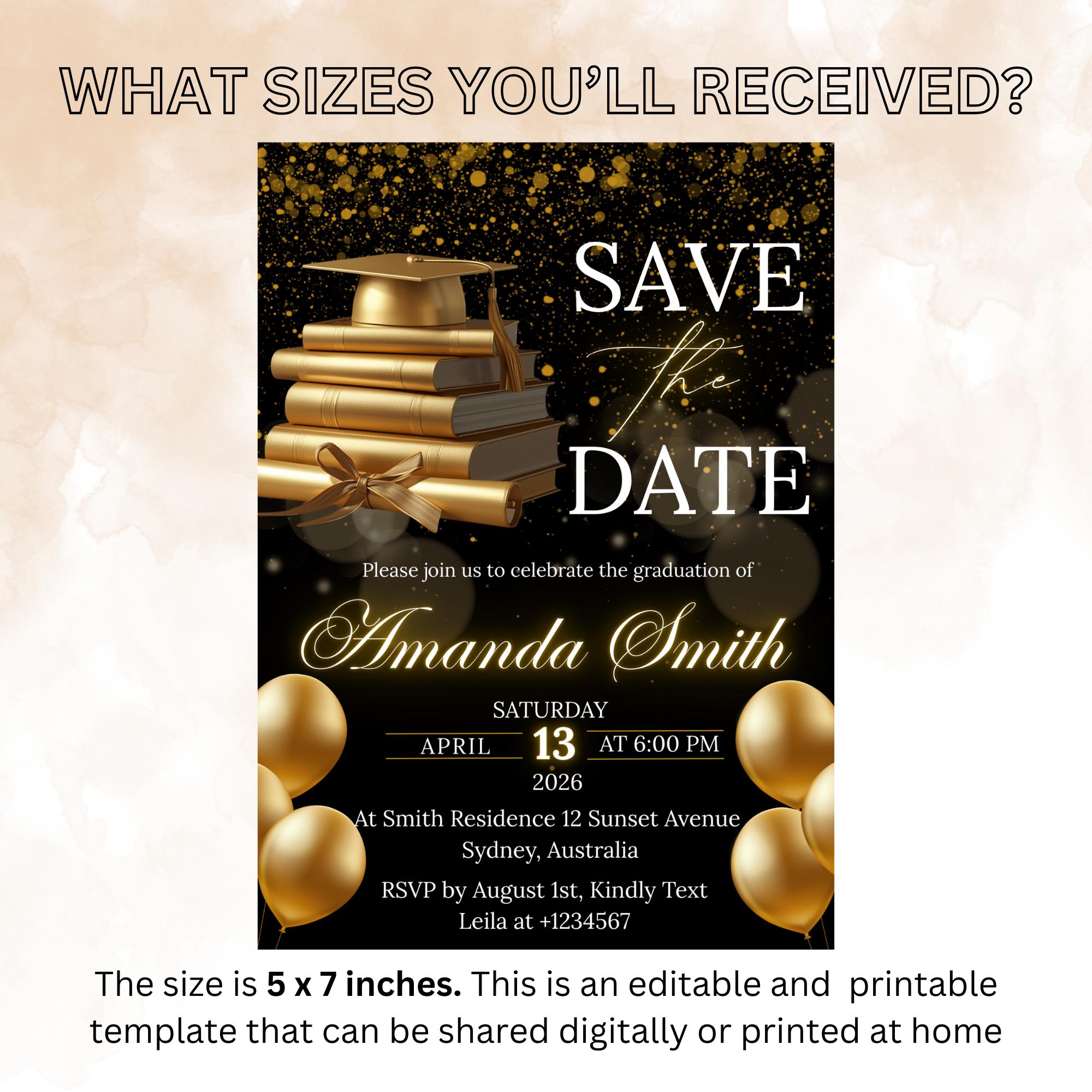 Save The Date Graduation Announcement Invitation, Black Gold Class 2026 Senior Grad Party invite, Men Woman College Graduate Party Template