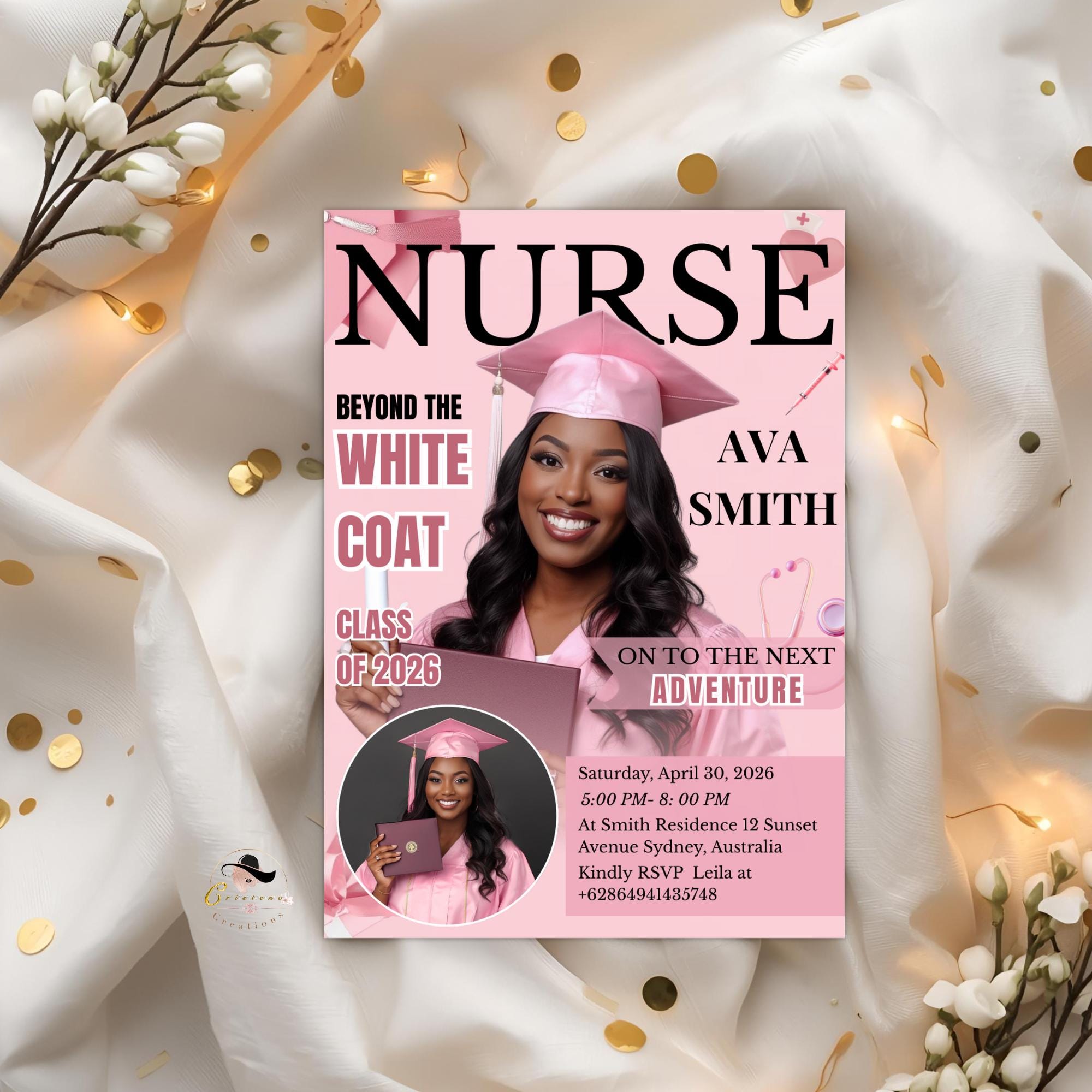 Pink Nurse Graduation Invitation, 2026 RN Pinning Ceremony invite with photo, Medical BSN Nursing Graduate Flyer LPN Magazine Cover Template