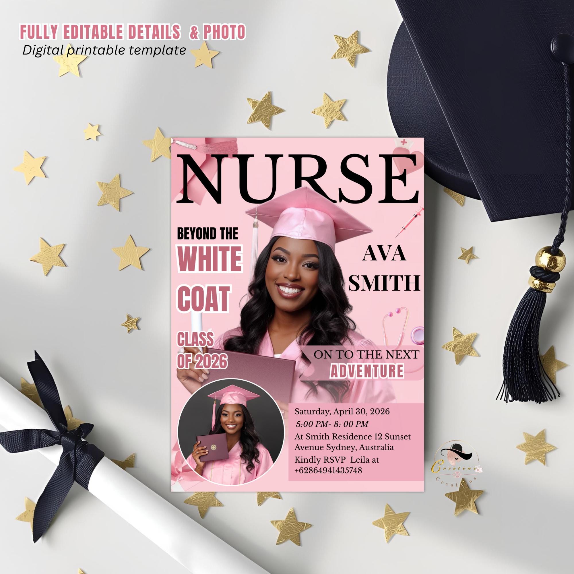 Pink Nurse Graduation Invitation, 2026 RN Pinning Ceremony invite with photo, Medical BSN Nursing Graduate Flyer LPN Magazine Cover Template