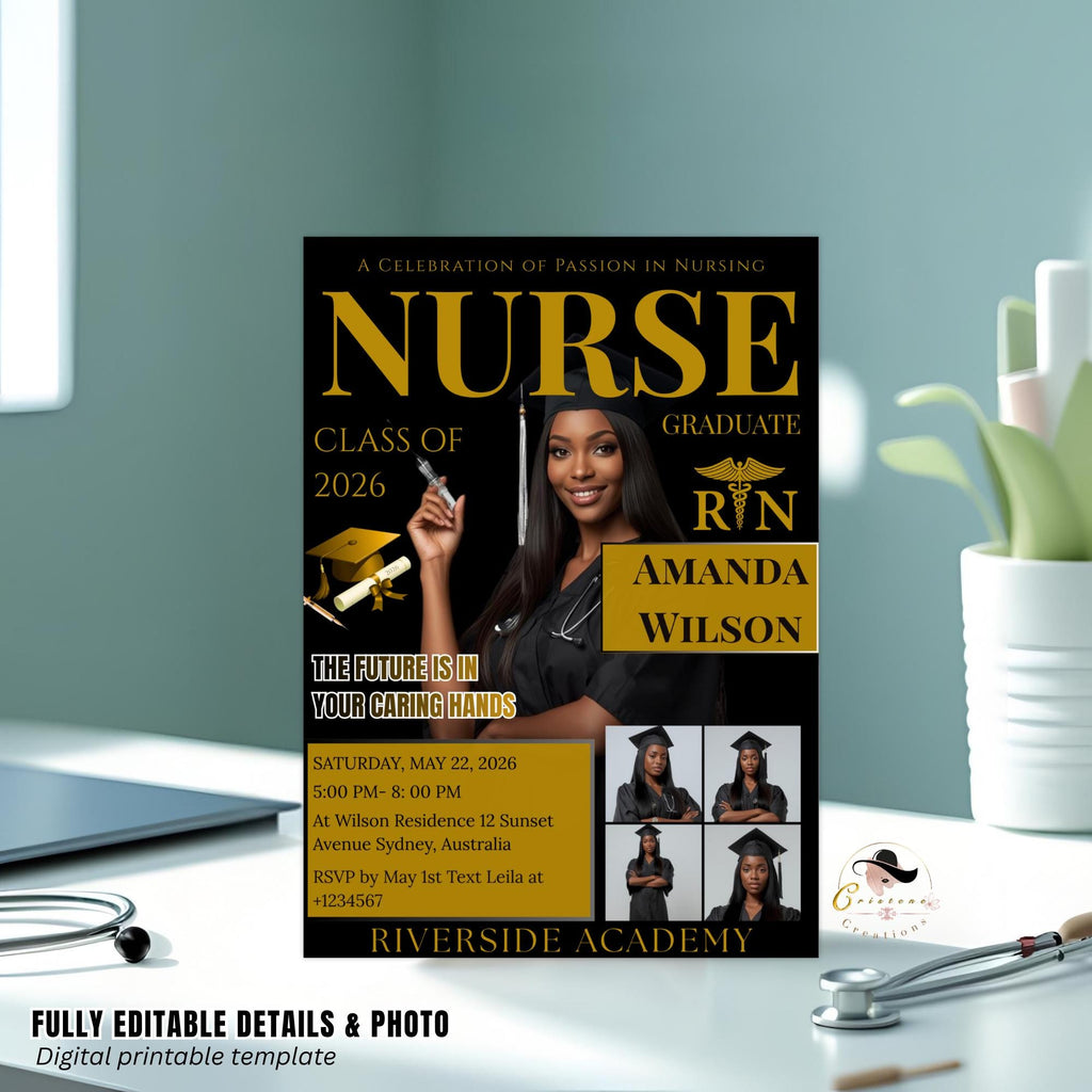 Black Gold Nurse Graduation Invitation RN Pinning Ceremony invite with photo, Medical CNA Nursing Graduate Flyer LPN Magazine Cover Template