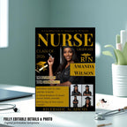 Black Gold Nurse Graduation Invitation RN Pinning Ceremony invite with photo, Medical CNA Nursing Graduate Flyer LPN Magazine Cover Template