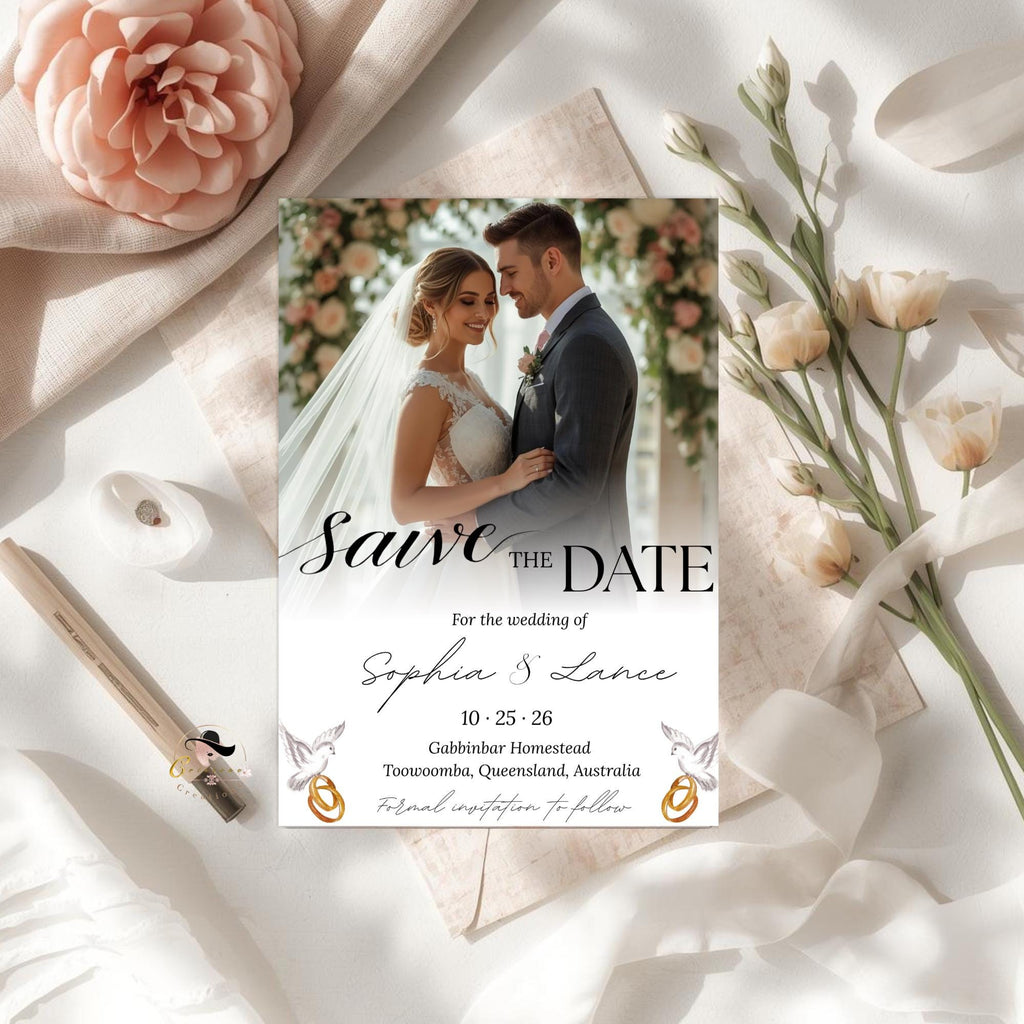 Save The Date Wedding Announcement Invitation with photo, Couple Engagement Party Invite, Elegant Vow Renewal Save The Date Template