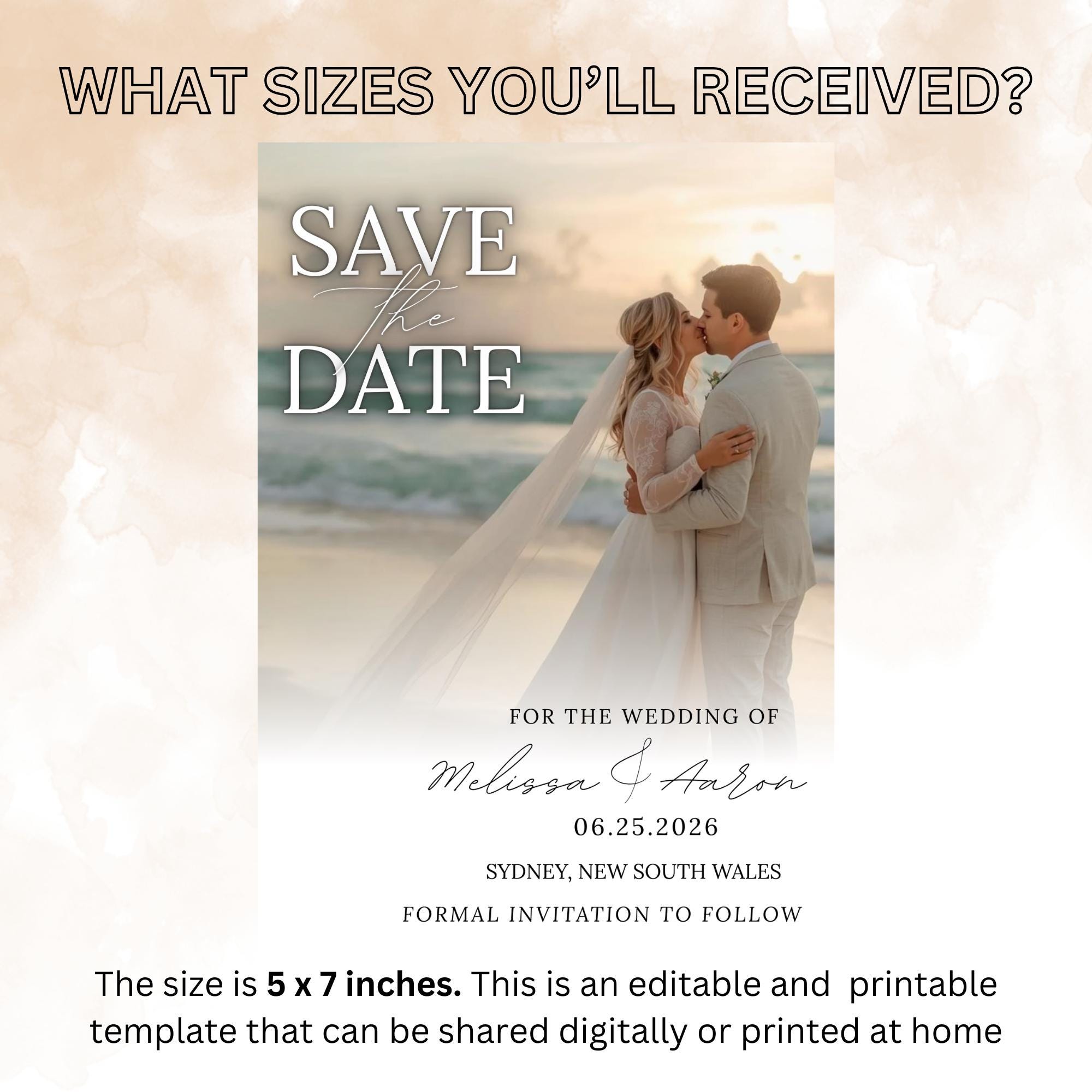 Save The Date Beach Wedding Announcement Invitation with photo, Couple Engagement Party Invite, Elegant Vow Renewal Save The Date Template