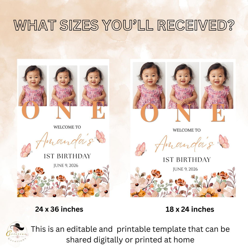 Wildflower 1st Birthday Welcome Party Sign, Floral Poster Sign with photo, Flower Butterfly theme Board Sign First Birthday Sign Template