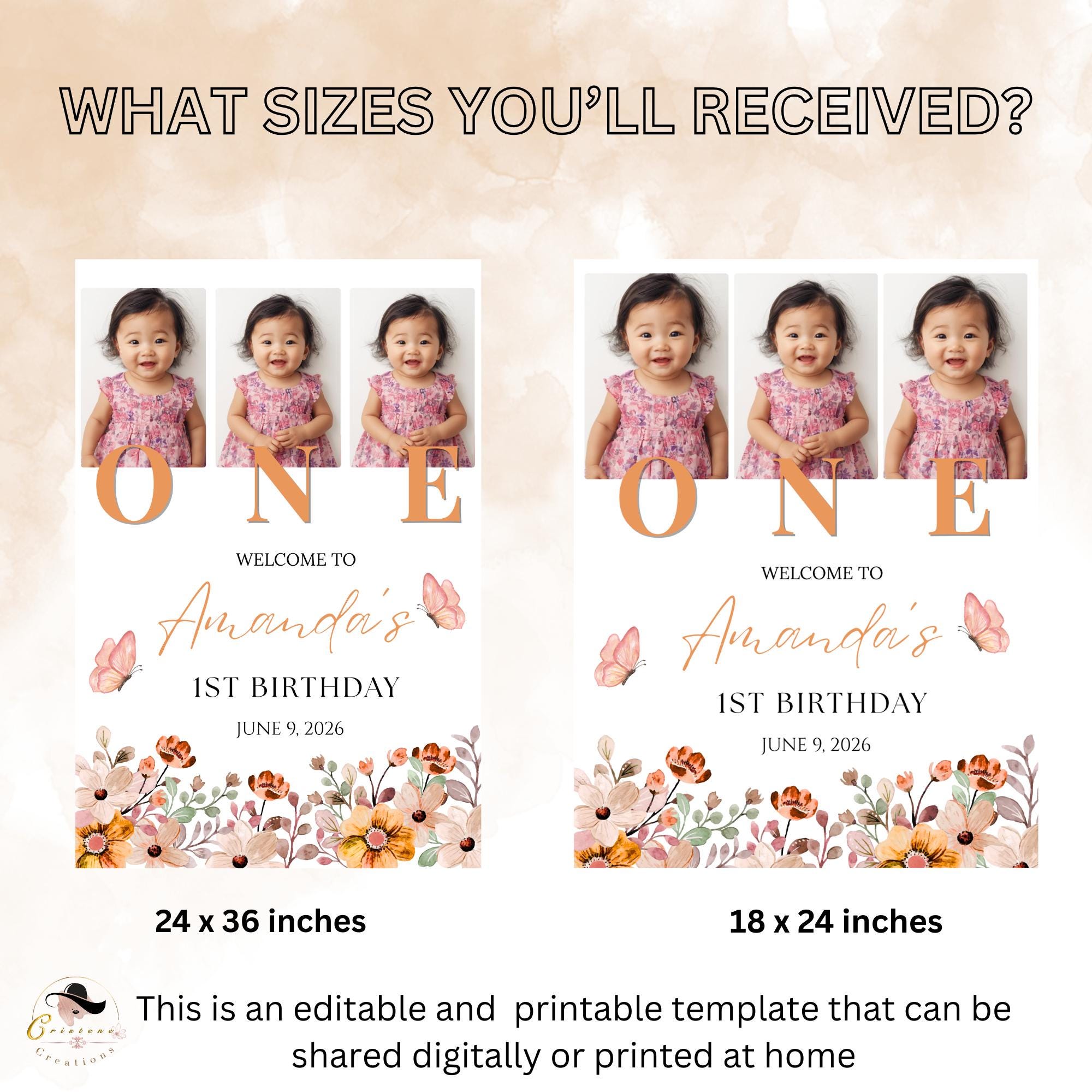 Wildflower 1st Birthday Welcome Party Sign, Floral Poster Sign with photo, Flower Butterfly theme Board Sign First Birthday Sign Template