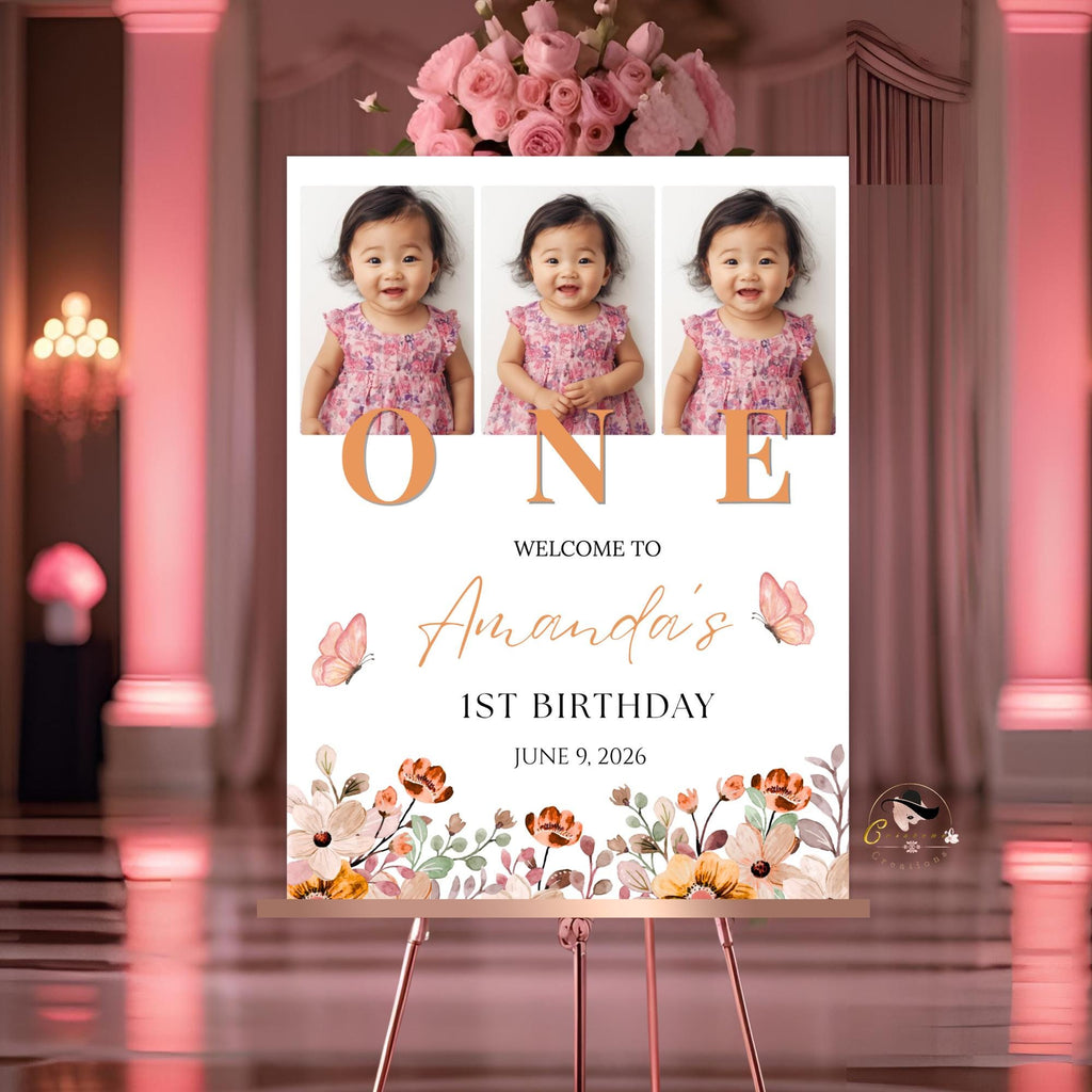 Wildflower 1st Birthday Welcome Party Sign, Floral Poster Sign with photo, Flower Butterfly theme Board Sign First Birthday Sign Template