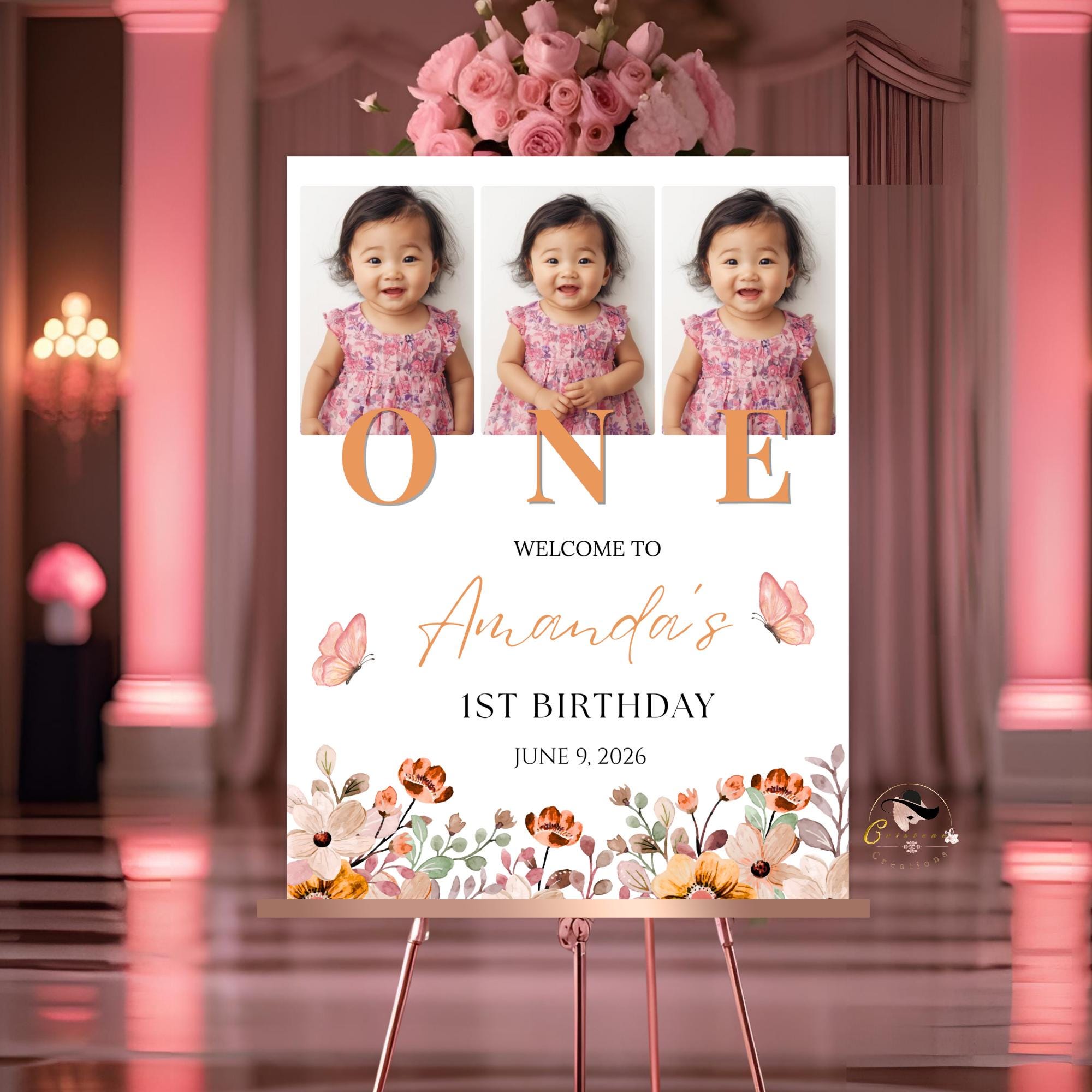Wildflower 1st Birthday Welcome Party Sign, Floral Poster Sign with photo, Flower Butterfly theme Board Sign First Birthday Sign Template