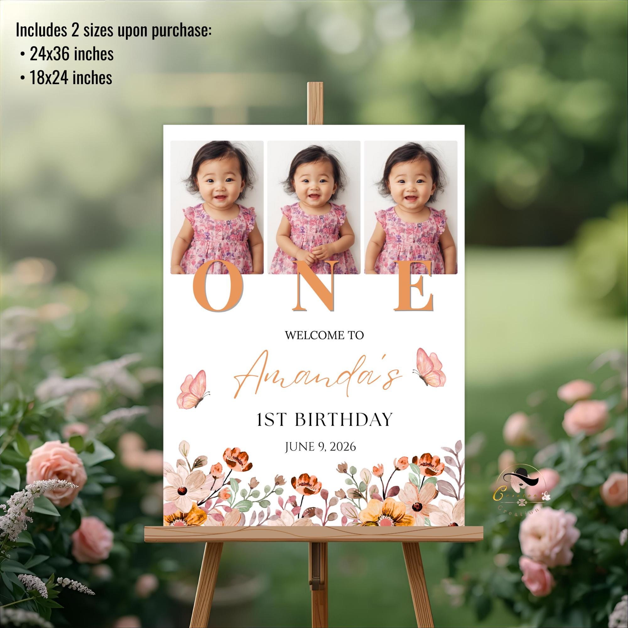 Wildflower 1st Birthday Welcome Party Sign, Floral Poster Sign with photo, Flower Butterfly theme Board Sign First Birthday Sign Template
