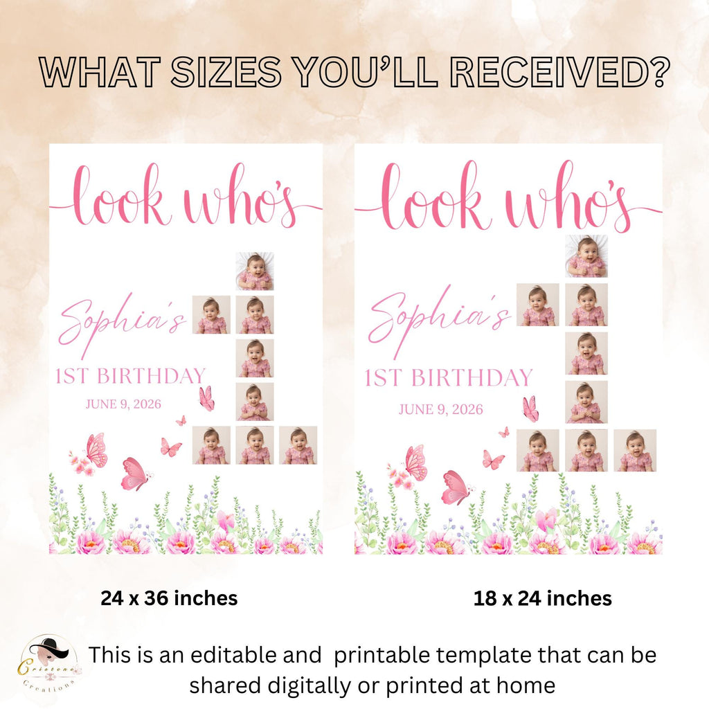 Wildflower 1st Birthday Welcome Party Sign with photo, Floral Poster Sign, Flower Butterfly theme Board Sign, First Birthday Sign Template