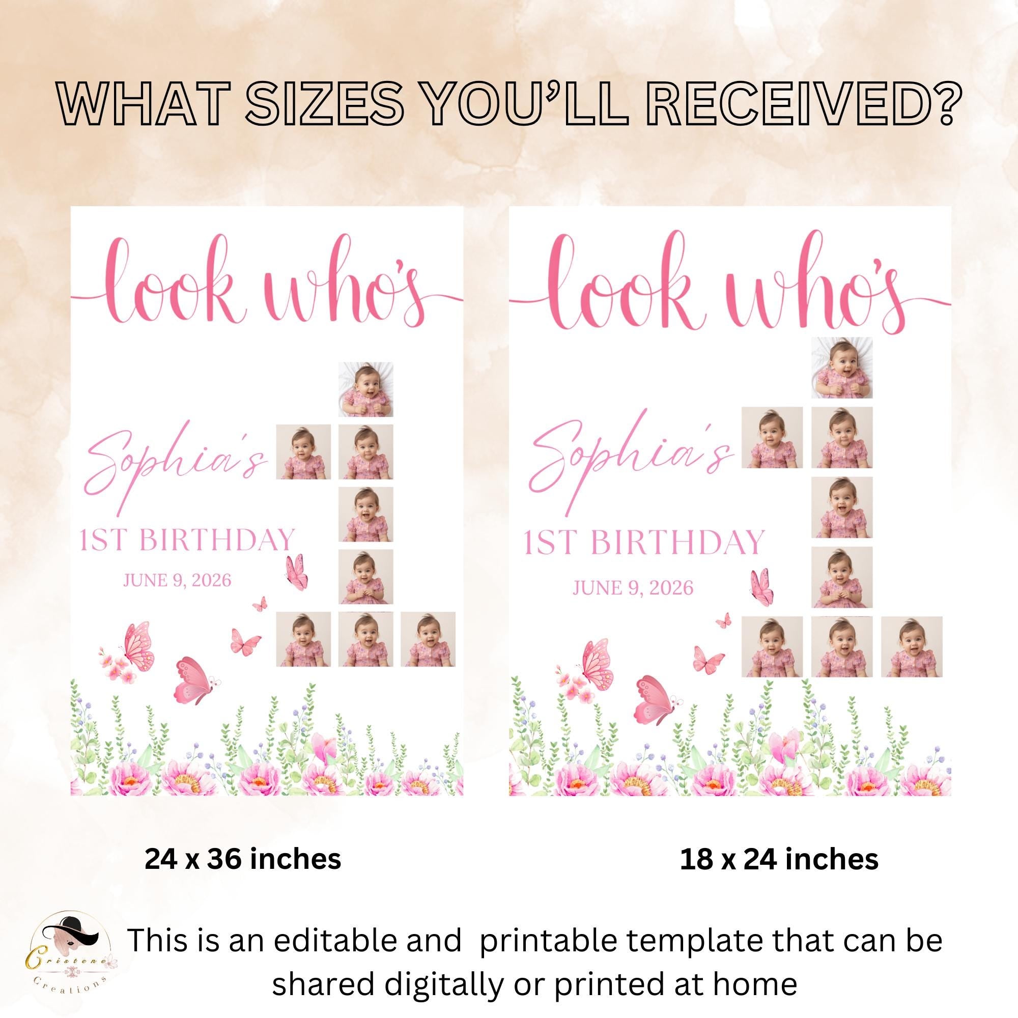 Wildflower 1st Birthday Welcome Party Sign with photo, Floral Poster Sign, Flower Butterfly theme Board Sign, First Birthday Sign Template