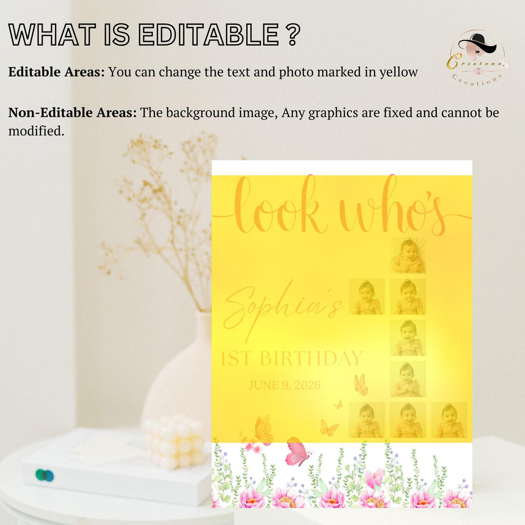 Wildflower 1st Birthday Welcome Party Sign with photo, Floral Poster Sign, Flower Butterfly theme Board Sign, First Birthday Sign Template