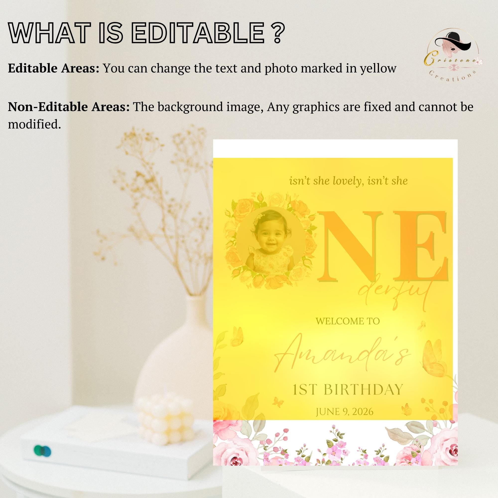 Onederful 1st Birthday Welcome Party Sign, Wildflower Poster Sign with photo, Flower Butterfly theme Board Sign First Birthday Sign Template