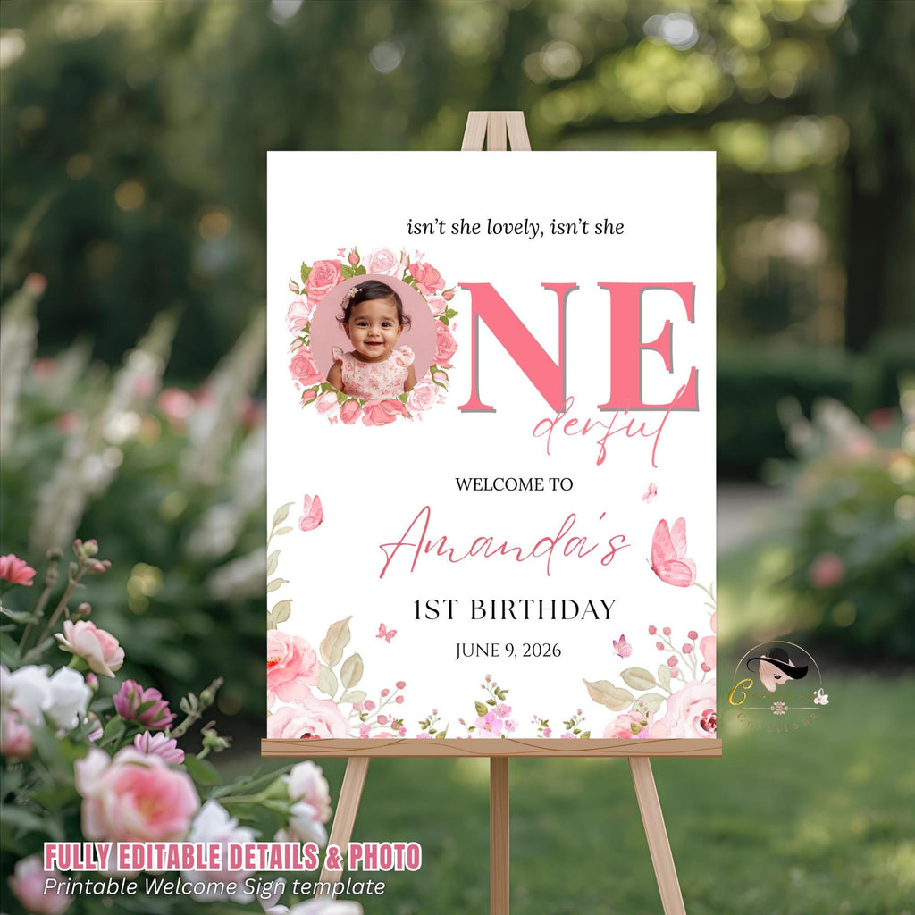 Onederful 1st Birthday Welcome Party Sign, Wildflower Poster Sign with photo, Flower Butterfly theme Board Sign First Birthday Sign Template
