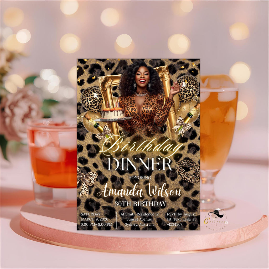 Cheetah Birthday Dinner Invitation with photo, Leopard Brunch Party Invite, Woman Retirement Party, Elegant Adult Animal Print Template