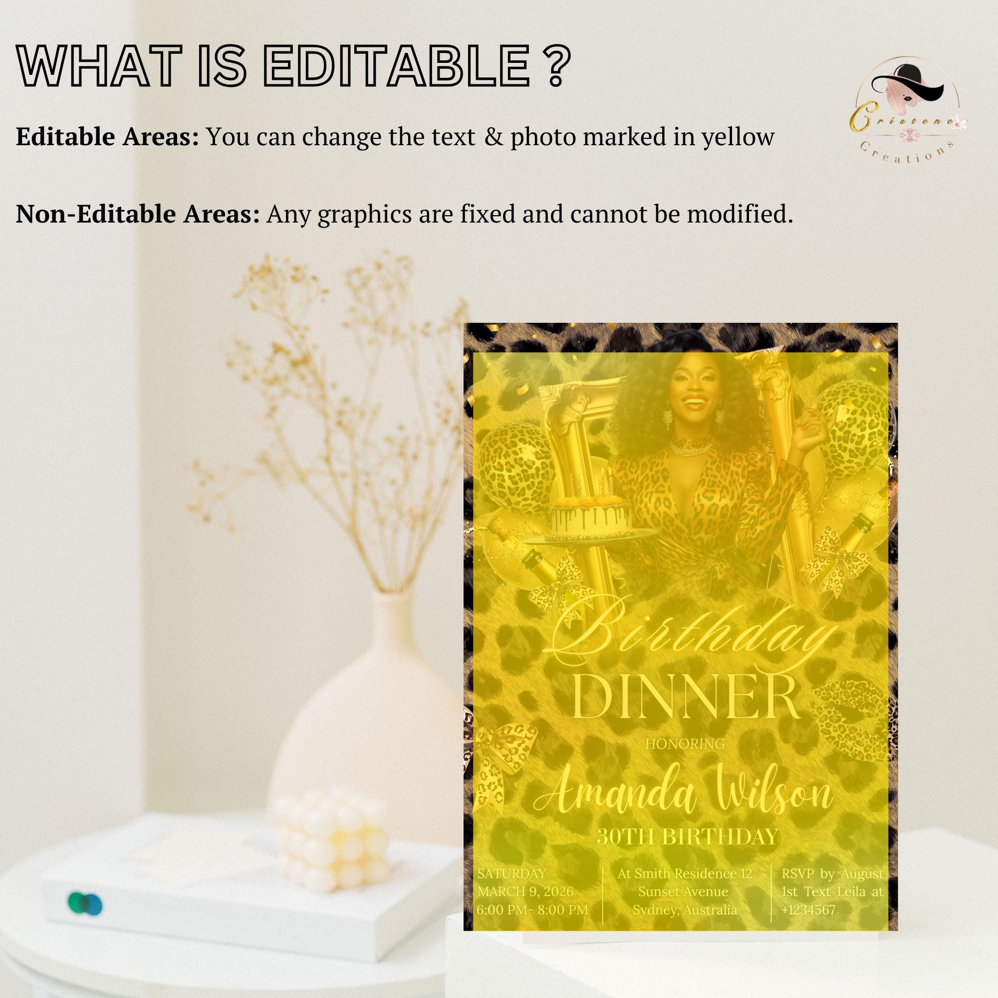 Cheetah Birthday Dinner Invitation with photo, Leopard Brunch Party Invite, Woman Retirement Party, Elegant Adult Animal Print Template
