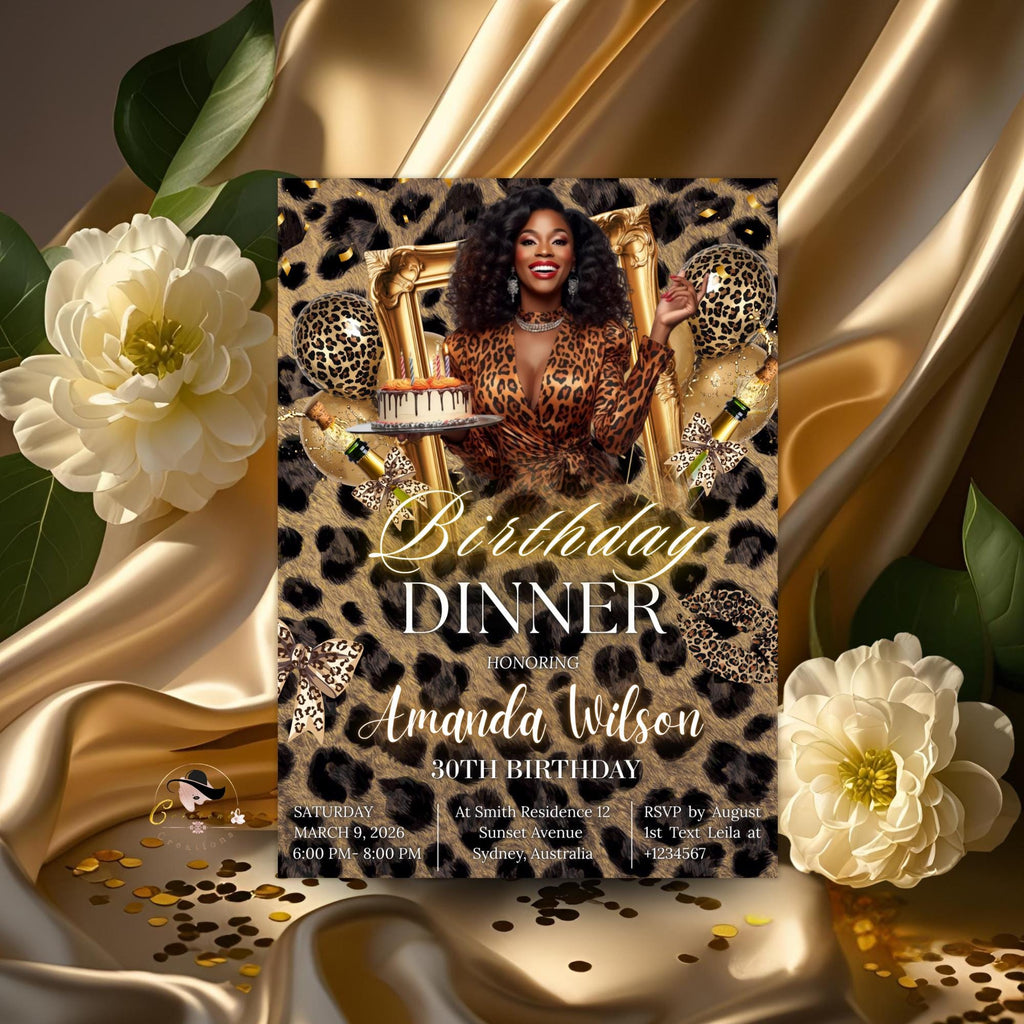 Cheetah Birthday Dinner Invitation with photo, Leopard Brunch Party Invite, Woman Retirement Party, Elegant Adult Animal Print Template