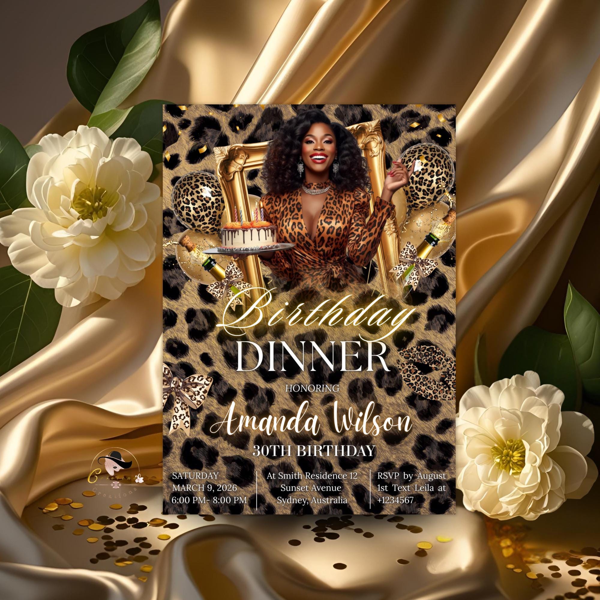 Cheetah Birthday Dinner Invitation with photo, Leopard Brunch Party Invite, Woman Retirement Party, Elegant Adult Animal Print Template